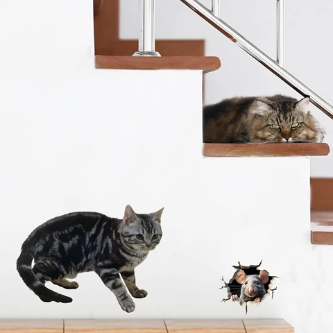 3D Creative Cute Cat And Mouse Hole Wall Sticker Removable PVC Decal For Skirting Board Stairs Living Room Home Decor Art