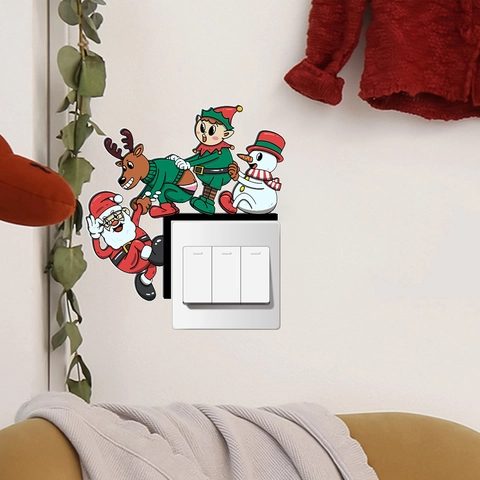 Christmas Switch Sticker Santa Claus Snowman Reindeer Elf Cartoon PVC Wall Decal Home Decor Holiday Party Socket Ornament