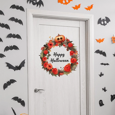 Halloween Wreath Wall Sticker PVC Watercolor Pumpkin Floral Happy Halloween Window Decal For Home Bedroom Living Room Decor