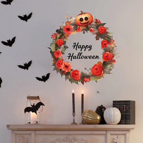 Halloween Wreath Wall Sticker PVC Watercolor Pumpkin Floral Happy Halloween Window Decal For Home Bedroom Living Room Decor