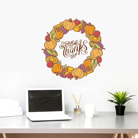 Thanksgiving Groente Fruit Krans Muursticker Give Thanks Oogst Herfst PVC Verwijderbare Sticker Voor Woonkamer Huis Decoratie