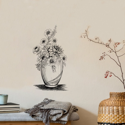 Schwarz Weiß Linienzeichnung Blumenvase Wandtattoo PVC Abnehmbar Nordisch Floral Sonnenblume Aufkleber Für Wohnzimmer Dekor