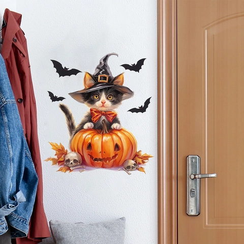 Halloween Katze Kürbis Wandaufkleber Süße Hexenhut Katze Kürbis Fledermaus Totenkopf PVC Deko Aufkleber Für Badezimmer Haus