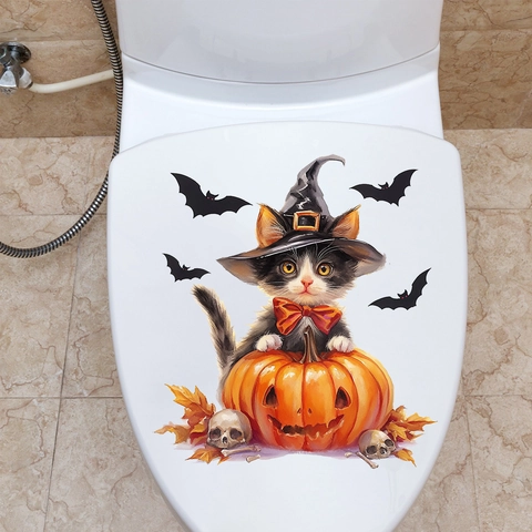 Halloween Katze Kürbis Wandaufkleber Süße Hexenhut Katze Kürbis Fledermaus Totenkopf PVC Deko Aufkleber Für Badezimmer Haus