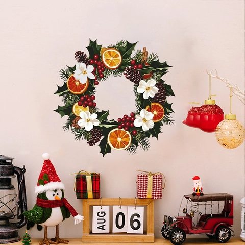 Adesivo da Parete Ghirlanda di Natale Con Pigne Fette di Arancia Bacche Rosse Per Decorazione Parete Casa PVC Natale