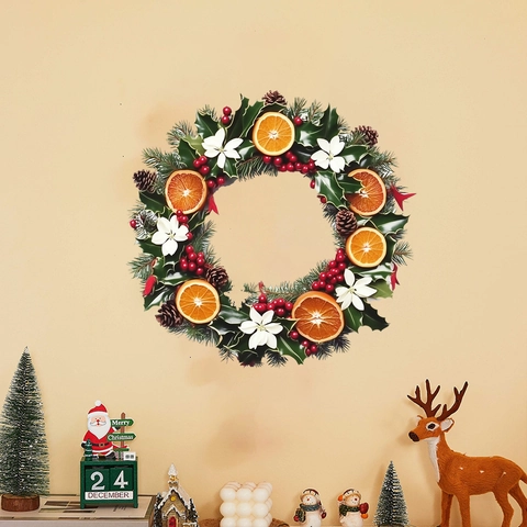 Realistic Christmas Wreath Wall Sticker PVC Waterproof Decal With Orange Berries Pinecone For Home Holiday Party Decoration