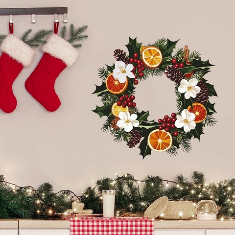 Adesivo da Parete Ghirlanda di Natale Con Pigne Fette di Arancia Bacche Rosse Per Decorazione Parete Casa PVC Natale