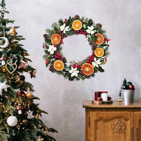 Realistic Christmas Wreath Wall Sticker PVC Waterproof Decal With Orange Berries Pinecone For Home Holiday Party Decoration
