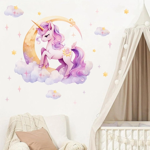 Sognanti Adesivi Murali Unicorno Acquerello Rosa Luna Stelle Nuvole Decalcomanie per Cameretta Bambini Ragazze Camera da Letto PVC