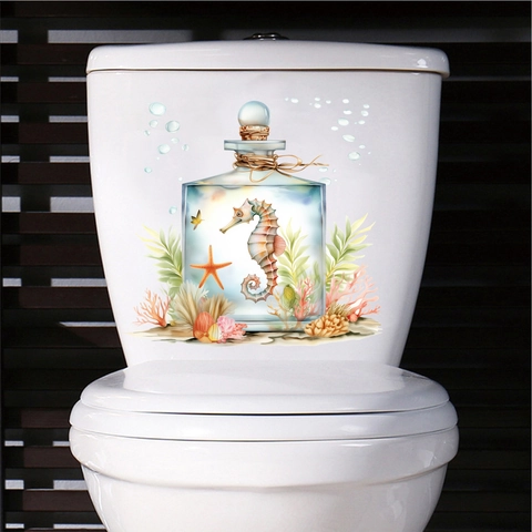 Sticker de Toilettes Aquarelle Hippocampe Bouteille en Verre Pour Salle de Bain Décalcomanie PVC Étanche Art Mural Océan