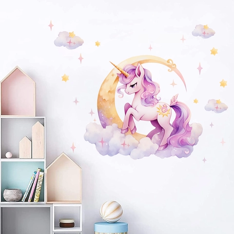 Sognanti Adesivi Murali Unicorno Acquerello Rosa Luna Stelle Nuvole Decalcomanie per Cameretta Bambini Ragazze Camera da Letto PVC