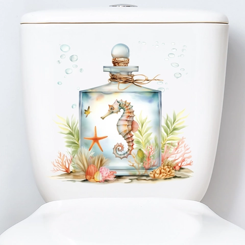 Sticker de Toilettes Aquarelle Hippocampe Bouteille en Verre Pour Salle de Bain Décalcomanie PVC Étanche Art Mural Océan