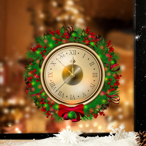 Christmas Countdown Wreath Clock Wall Sticker PVC Roman Numeral Gold Clock Face Garland Red Bow Festive Home Decoration