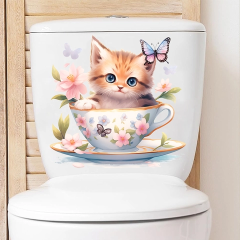 Süßer Cartoon Katze In Teetasse Toilettenaufkleber PVC Wasserdicht Wandtattoo Mit Blumen Und Schmetterlingen Für Badezimmer Deko