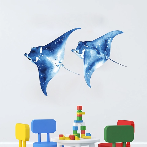 Watercolor Blue Stingray Wall Sticker PVC Manta Ray Sea Life Wall Decal For Kids Room Living Room Bedroom Home Decor Art