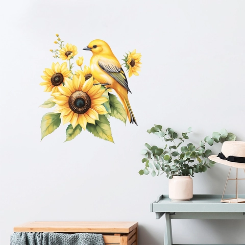 Sunflower And Yellow Bird Wall Stickers PVC Floral Bird Decals For Living Room Bedroom Kitchen Home Decor Art Mural Stickers