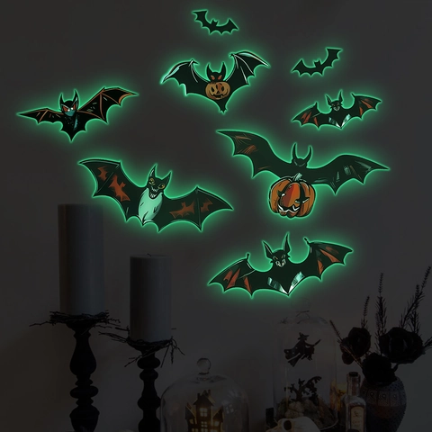 Pegatinas de Pared de Murciélago 3D Luminosas de Halloween Glow In The Dark PVC Murciélago Calabaza Calcomanías Decoración Casa