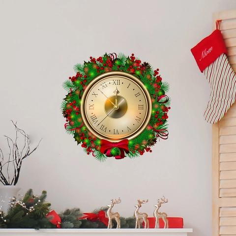Christmas Countdown Wreath Clock Wall Sticker PVC Roman Numeral Gold Clock Face Garland Red Bow Festive Home Decoration