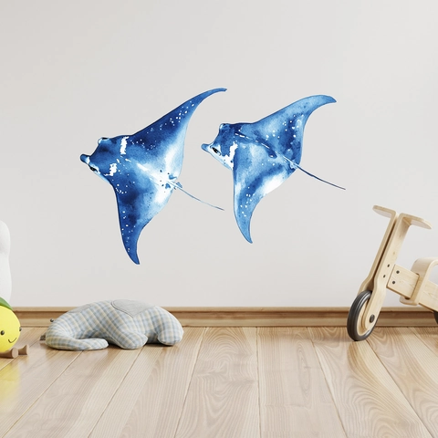Watercolor Blue Stingray Wall Sticker PVC Manta Ray Sea Life Wall Decal For Kids Room Living Room Bedroom Home Decor Art