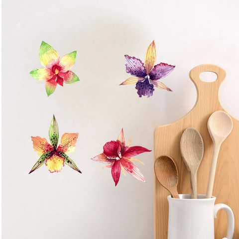Watercolor Orchid Floral Wall Stickers PVC Removable Art Decals for Home Living Room Bedroom Decoration Mural