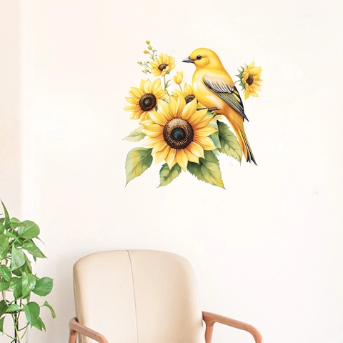 Sunflower And Yellow Bird Wall Stickers PVC Floral Bird Decals For Living Room Bedroom Kitchen Home Decor Art Mural Stickers