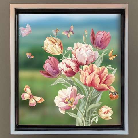 Adesivi per Finestre con Fiori di Tulipano e Farfalle Decalcomanie da Parete in PVC per Casa Soggiorno Camera da Letto Cucina