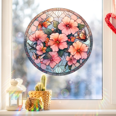 Stained Glass Style Round Window Sticker PVC Flower Butterfly Pattern Decal For Home Living Room Bedroom Art Glass Decoration