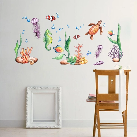 Watercolor Ocean Sea Animal Wall Stickers Waterproof PVC Sea Turtle Jellyfish Coral Reef Decals For Bathroom Kids Room Home Decor