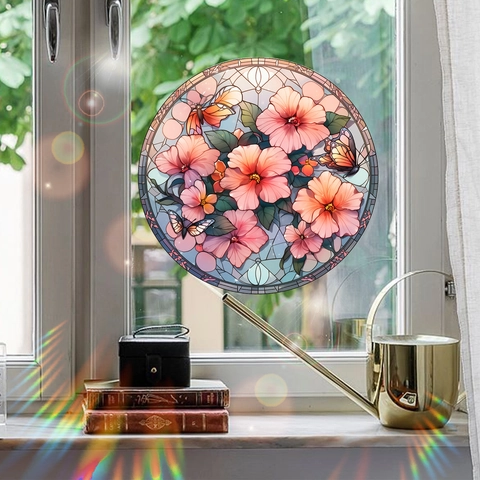 Stained Glass Style Round Window Sticker PVC Flower Butterfly Pattern Decal For Home Living Room Bedroom Art Glass Decoration