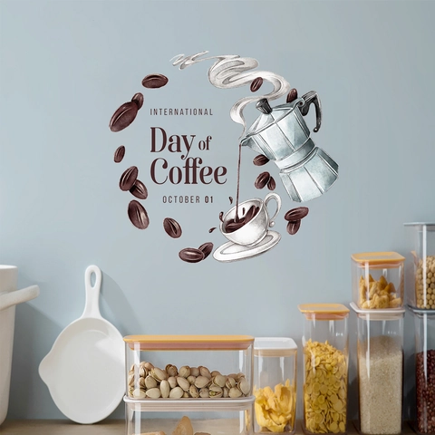 Adesivo Murale a Tema Caffè Acquerello Moka Chicchi Decalcomania per Cucina Bar Decorazione Casa Murale in PVC Removibile