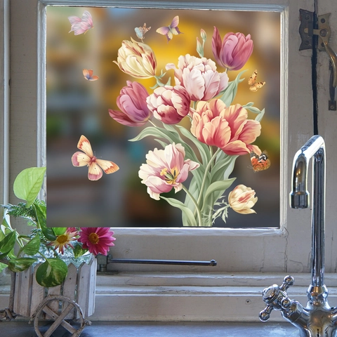 Adesivi per Finestre con Fiori di Tulipano e Farfalle Decalcomanie da Parete in PVC per Casa Soggiorno Camera da Letto Cucina