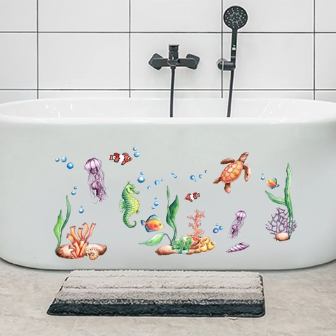 Watercolor Ocean Sea Animal Wall Stickers Waterproof PVC Sea Turtle Jellyfish Coral Reef Decals For Bathroom Kids Room Home Decor