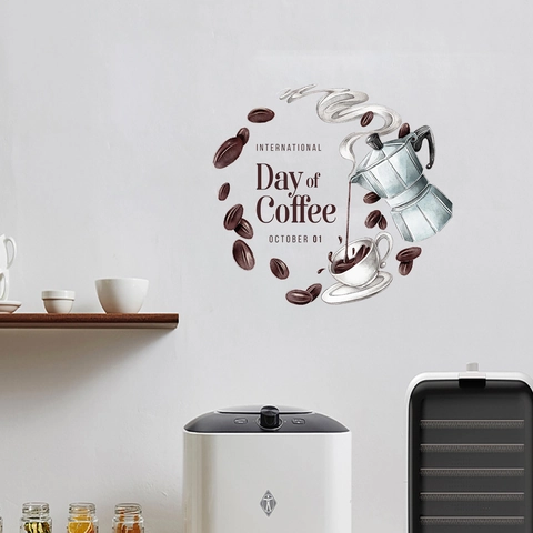 Adesivo Murale a Tema Caffè Acquerello Moka Chicchi Decalcomania per Cucina Bar Decorazione Casa Murale in PVC Removibile