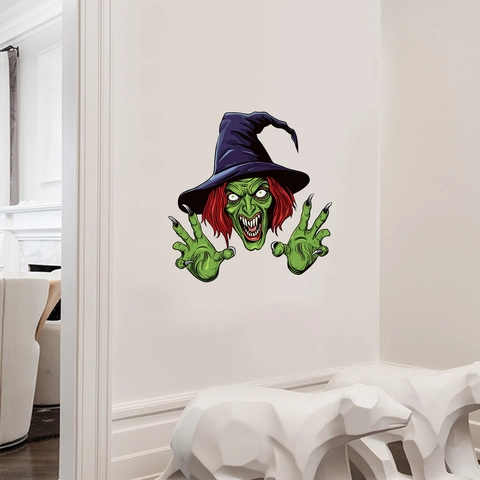 Scary Green Witch Halloween Wall Sticker PVC Removable Horror Witch Face Decal For Living Room Bedroom Party Home Decor