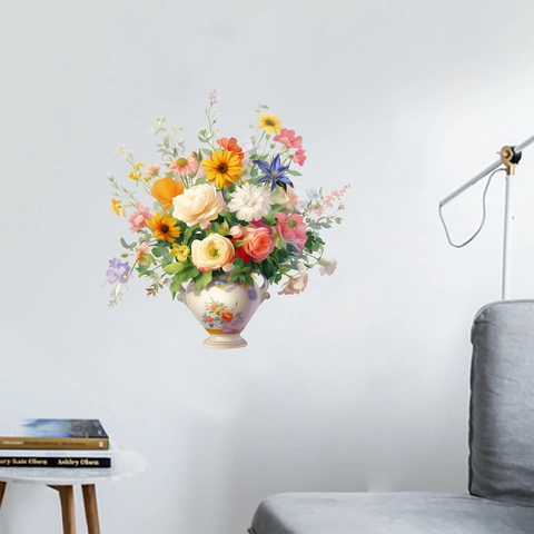Sticker Mural Vase de Fleurs Artistique Élégant Mural Floral en PVC pour Salon Chambre Décoration de Maison Imperméable