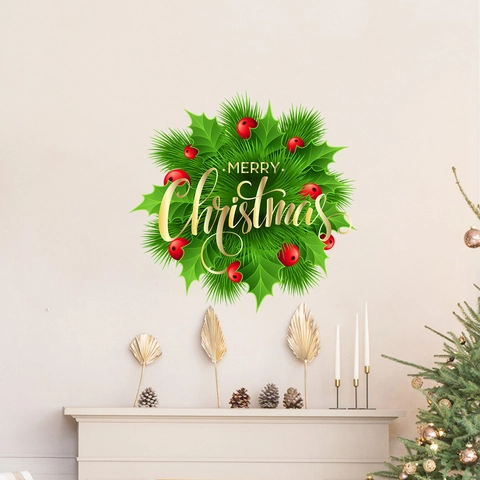 Pegatina de Pared de Guirnalda de Navidad PVC Hojas Verdes Bayas Rojas Letras Merry Christmas para Decoración del Hogar Fiesta