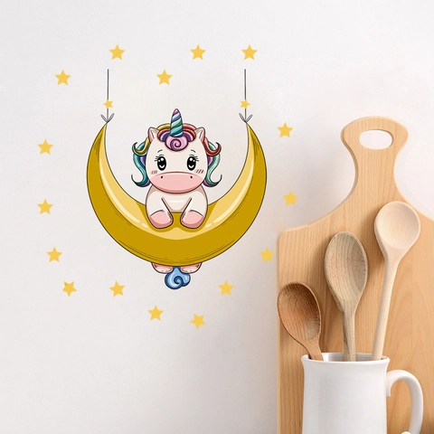 Cartoon Unicorn Sitting On Moon Wall Sticker PVC Waterproof Stars Pattern Wall Decal For Kids Room Nursery Home Decor