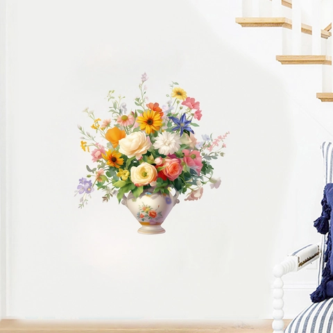 Sticker Mural Vase de Fleurs Artistique Élégant Mural Floral en PVC pour Salon Chambre Décoration de Maison Imperméable