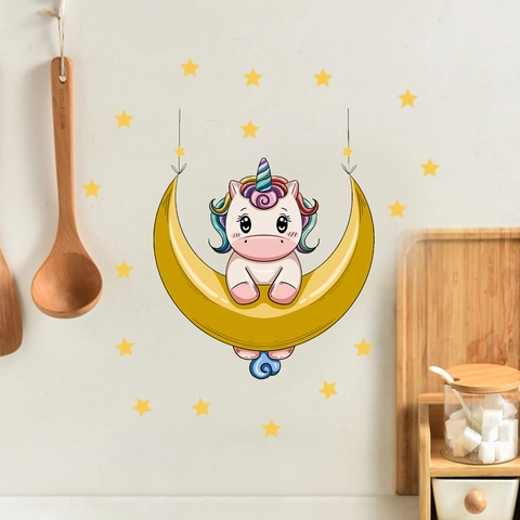 Cartoon Unicorn Sitting On Moon Wall Sticker PVC Waterproof Stars Pattern Wall Decal For Kids Room Nursery Home Decor