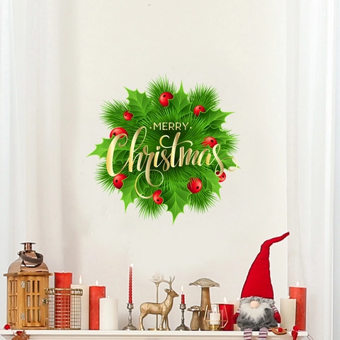 Pegatina de Pared de Guirnalda de Navidad PVC Hojas Verdes Bayas Rojas Letras Merry Christmas para Decoración del Hogar Fiesta