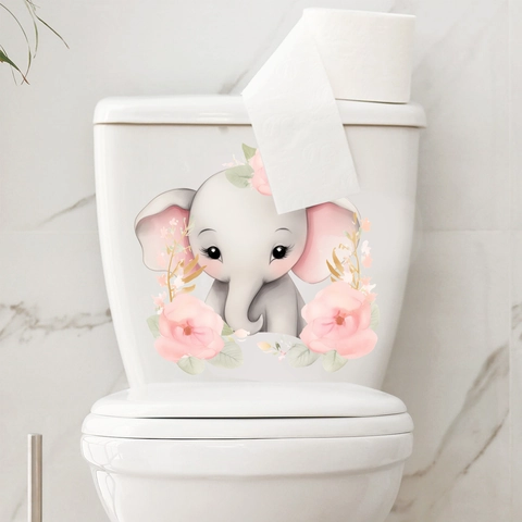 Pegatina de Inodoro Elefante de Dibujos Animados Acuarela Flor Rosa PVC Impermeable Calcomanía de Baño Decoración del Hogar