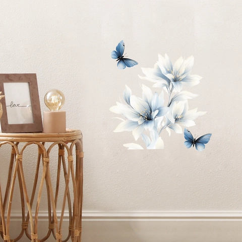 Blue And White Flower Butterfly Wall Sticker PVC Self Adhesive Mural For Living Room Bedroom Home Decor Art Decal