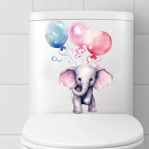 Aquarel Cartoon Olifant En Ballon Toilet Sticker Waterdicht PVC Decoratieve Muursticker Voor Badkamer Toilet Home Decor