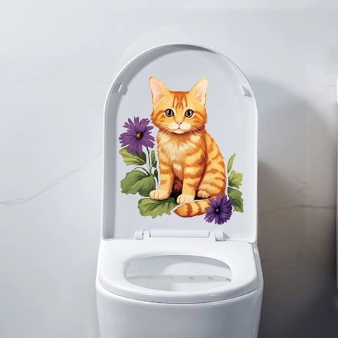 Lila Blume Kätzchen Toilettensitz Aufkleber Wasserdicht PVC Wandtattoo Für Badezimmer Dekoration Süßes Tier Haus Dekor