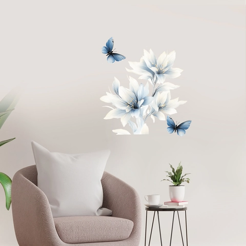 Blue And White Flower Butterfly Wall Sticker PVC Self Adhesive Mural For Living Room Bedroom Home Decor Art Decal