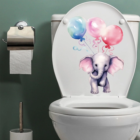 Aquarel Cartoon Olifant En Ballon Toilet Sticker Waterdicht PVC Decoratieve Muursticker Voor Badkamer Toilet Home Decor