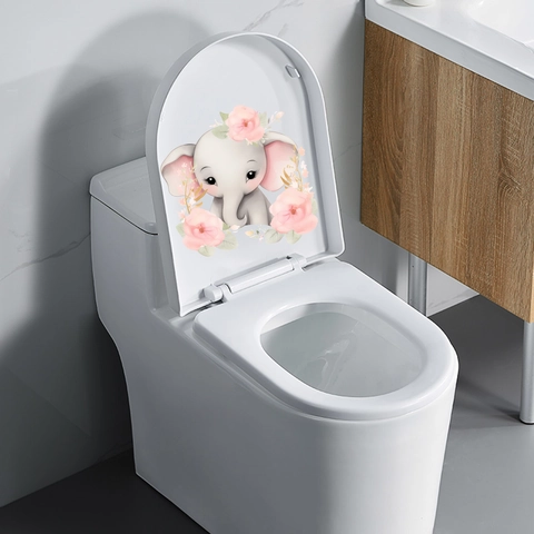 Pegatina de Inodoro Elefante de Dibujos Animados Acuarela Flor Rosa PVC Impermeable Calcomanía de Baño Decoración del Hogar