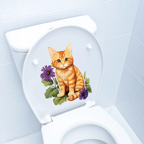 Lila Blume Kätzchen Toilettensitz Aufkleber Wasserdicht PVC Wandtattoo Für Badezimmer Dekoration Süßes Tier Haus Dekor