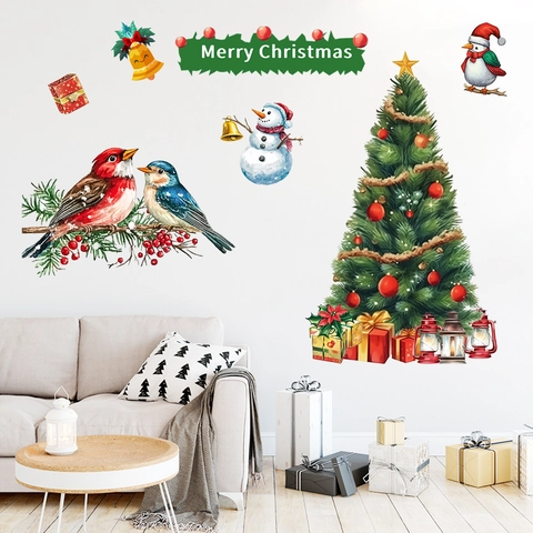 Set di Adesivi Murali di Natale Con Albero di Natale Pupazzo di Neve Uccello Acquerello PVC Decalcomanie per Decorazione Casa