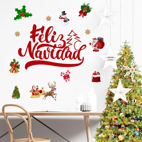 Feliz Navidad Kerst Muurstickers Rood Kerstman Rendier Sneeuwvlok PVC Decals Voor Feestelijke Huis Window Decoratie